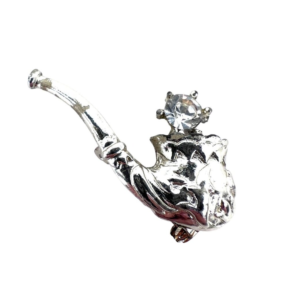 Tobacco Smoking Pipe Silver Tone Brooch Lapel Pin Tie Tack With Rhinestone